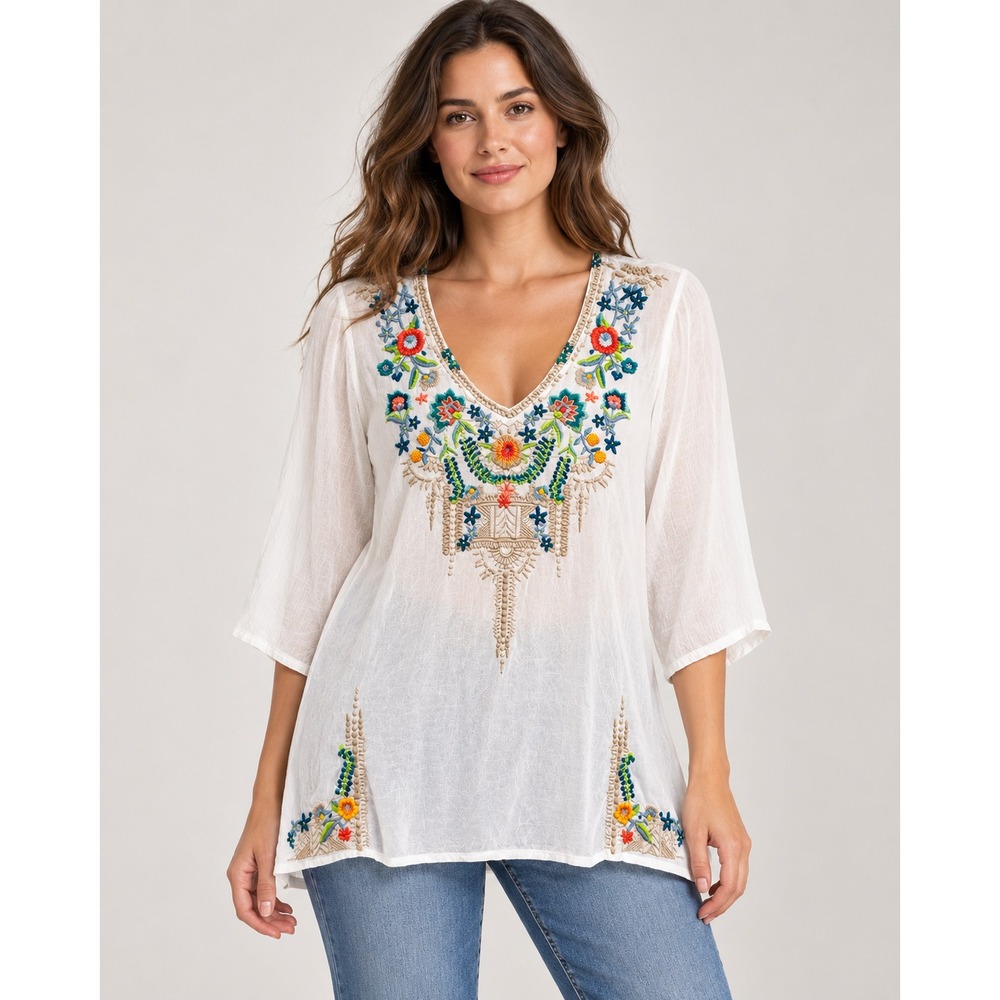 Johnny Was White 3/4 Sleeve Floral Embroidered Long Tunic Size Large V Neck EUC